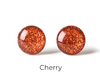 Red Glitter Earrings - Color Dot Stud Earrings - Resin Earrings - Everyday Earrings - Small Studs - Colorful Earrings - Titanium Posts