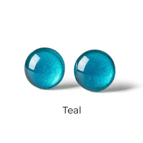 Teal Shimmer Earrings - Colorful Dot Stud Earrings - Simple Small Resin Stud Earrings - Hypoallergenic Titanium or Surgical Steel Posts