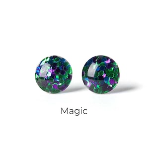 Green and Purple Glitter Earrings - Colorful Stud Earrings - Simple Small Resin Stud Earrings - Hypoallergenic Titanium or Surgical Steel