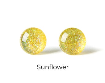 Yellow Glitter Earrings - Colorful Dot Stud Earrings - Simple Small Resin Stud Earrings - Hypoallergenic Titanium or Surgical Steel Posts