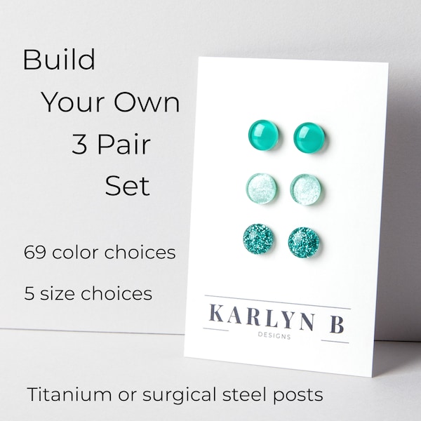 Build Your Own Three Pair Stud Earring Set - Colorful Dot Earrings - Resin Earrings - Everyday Earrings - Small Studs - Titanium - Gift Set