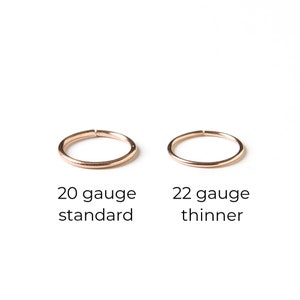 Puede incluir: Dos anillos de nariz, uno m&aacute;s grueso y otro m&aacute;s delgado, sobre un fondo blanco. El anillo m&aacute;s grueso est&aacute; etiquetado como "20 gauge standard" y el anillo m&aacute;s delgado est&aacute; etiquetado como "22 gauge thinner".