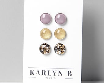 Conjunto de tres pares de pendientes de botón - Pendientes de botón coloridos apilados - Pendientes de botón pequeños y delicados de titanio - Ideales para orejas sensibles - Set de regalo