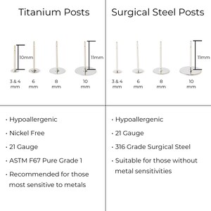 May include: Titanium and surgical steel earring posts in various sizes. The titanium posts are hypoallergenic, nickel-free, and made with ASTM F67 Pure Grade 1 titanium. The surgical steel posts are made with 316L stainless steel. Both types of posts are 21 gauge.