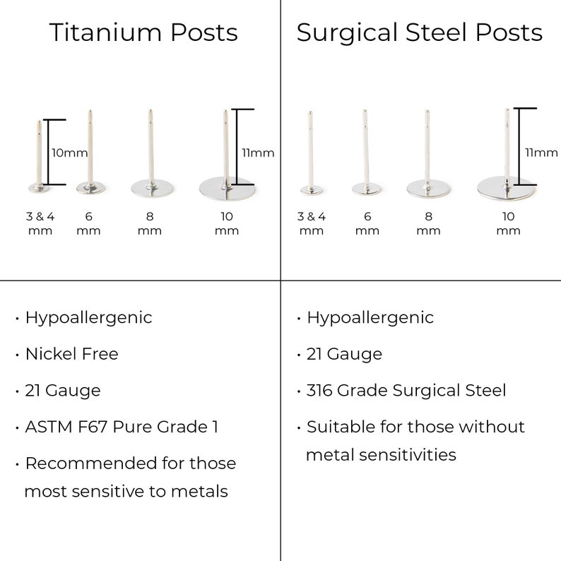 May include: Titanium and surgical steel earring posts in various sizes. The titanium posts are hypoallergenic, nickel-free, and made with ASTM F67 Pure Grade 1 titanium. The surgical steel posts are made with 316L stainless steel. Both types of posts are 21 gauge.