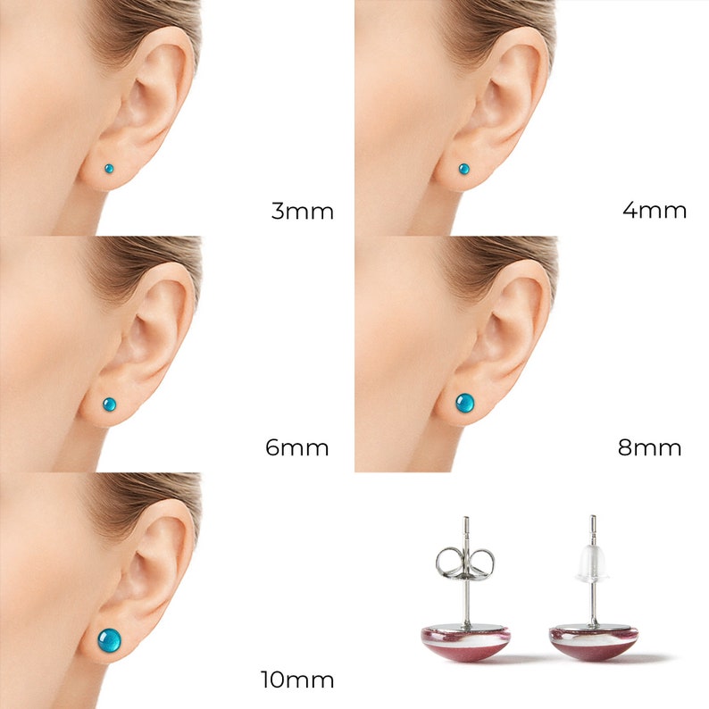 May include: Four pairs of earrings with turquoise blue stones in different sizes: 3mm, 4mm, 6mm, 8mm, and 10mm. The earrings are shown on a model's earlobes. The last image shows the back of the earrings, which are silver with a post and butterfly back.