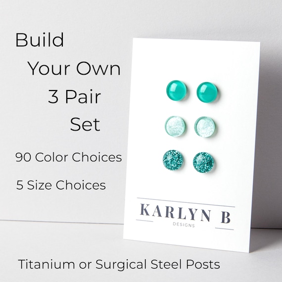 Build Your Own Three Pair Stud Earring Set - Colorful Dot Earrings - Resin Earrings - Everyday Earrings - Small Studs - Titanium - Gift Set