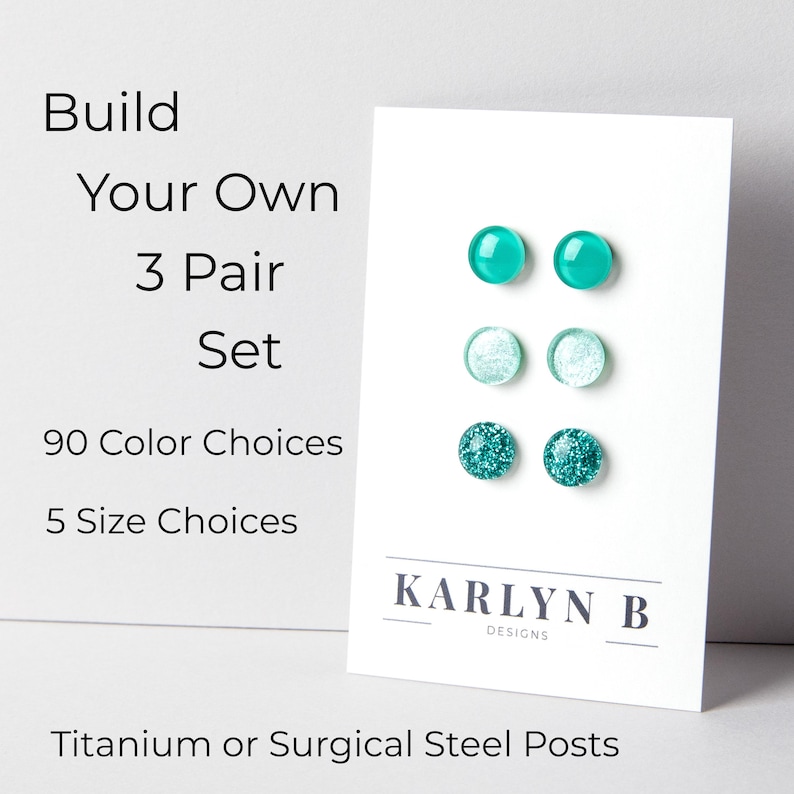 Build Your Own Three Pair Stud Earring Set - Colorful Dot Earrings - Resin Earrings - Everyday Earrings - Small Studs - Titanium - Gift Set image 1