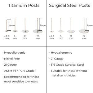 May include: Titanium and surgical steel earring posts in various sizes. The titanium posts are hypoallergenic, nickel-free, and made with ASTM F67 Pure Grade 1 titanium. The surgical steel posts are made with 316L stainless steel. Both types of posts are 21 gauge.