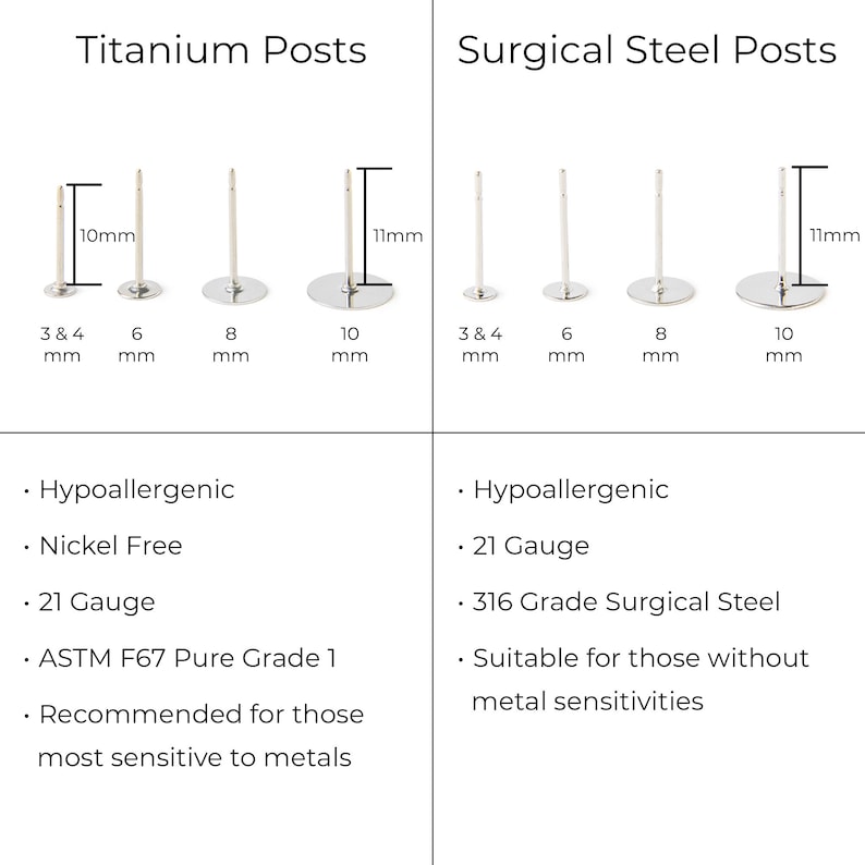 May include: Titanium and surgical steel earring posts in various sizes. The titanium posts are hypoallergenic, nickel-free, and made with ASTM F67 Pure Grade 1 titanium. The surgical steel posts are made with 316L stainless steel. Both types of posts are 21 gauge.
