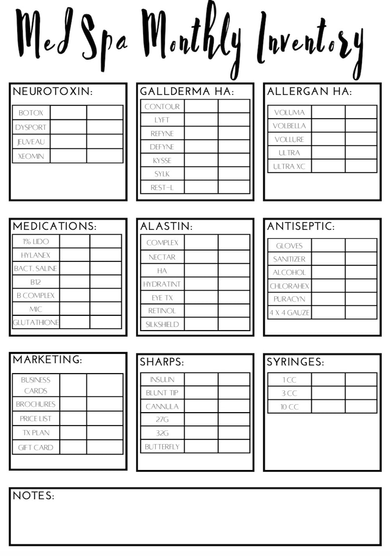 Med Spa Inventory List Etsy
