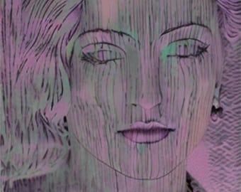 May include: A close-up of a woman's face, rendered in a unique artistic style. The image features a color palette of pink, green, and black, with vertical lines creating a textured effect. The woman's eyes are closed, and her lips are slightly parted.
