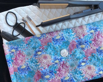 Blue, burgundy, gold floral thermal hot iron bag, hot straightening iron bag, hair accessory bag, travel jewelry bag, travel hair kit