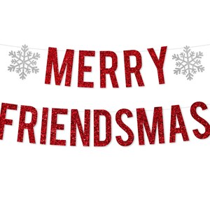 Merry Friendsmas Banner | Merry Christmas Decorations | Friendsmas Party Sign | Holiday Decor | Gold Glitter Christmas Garland Red Gold