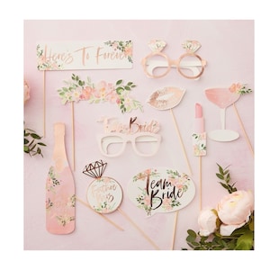 Floral Bridal Shower Photo Booth Props: Rose Gold Details, 10-Piece Set