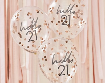 Rose Gold Confetti 21st Birthday Balloons: Hello 21 Party Decor