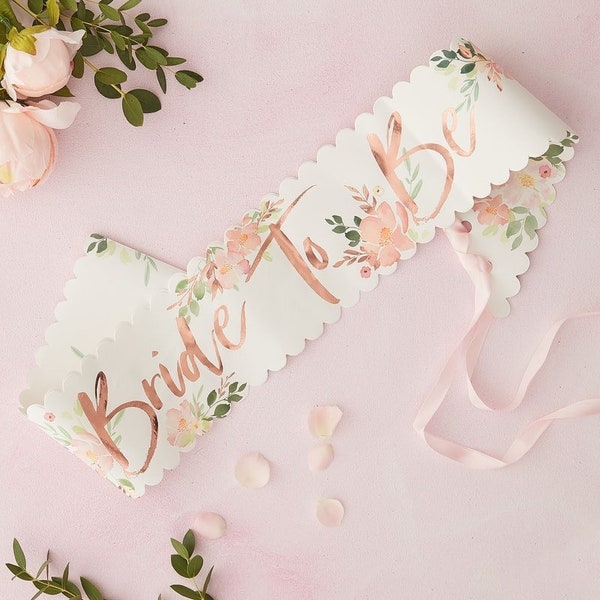 Bride to Be Sash | Bride Sash | Bridal Shower Sash | Bachelorette Sash | Rose Gold Floral Sash | Botanical Bridal Shower Tropical Blush Pink