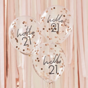 21st Birthday Balloons | 21st Birthday Decorations | Hello 21 | 21st Balloons Birthday Party | Rose Gold Confetti Balloons Pink 21 Balloons