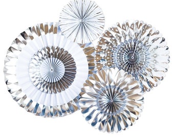 May include: Set of four silver and white paper fan decorations. The fans are layered and have a scalloped edge.