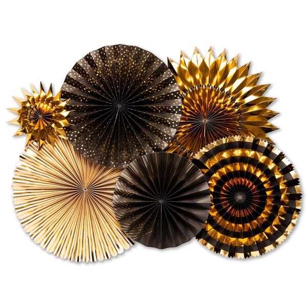 Black & Gold Paper Fans: New Years Eve Party Decoration, Photo Backdrop