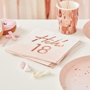 18th Birthday Decorations | Hello 18 Napkins | 18th Birthday Party | Happy Birthday Napkins | 18 and Legal Birthday | Pink Blush Rose Gold