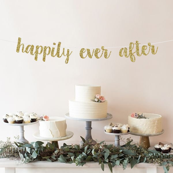 Happily Ever After Banner | Décorations de mariage | Décor de mariage | Signe d’engagement | Répétition Dîner Décor Or Argent Guirlande Noire