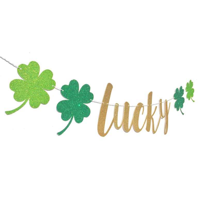 St Patricks Day Decoration St Patricks Day Banner Lucky Banner Shamrock Banner St Patricks Banner Gold Green Glitter Decor Clover image 2