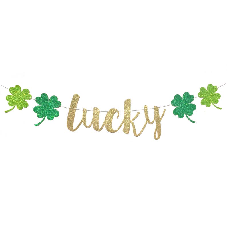 St Patricks Day Decoration St Patricks Day Banner Lucky Banner Shamrock Banner St Patricks Banner Gold Green Glitter Decor Clover image 1