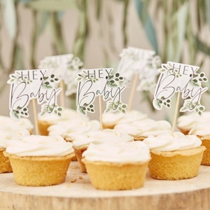 Botanical &#39;Hey Baby&#39; Cupcake Toppers: Gender Neutral Baby Shower Decorations