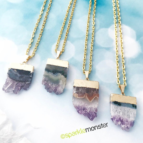 Geode Slice Necklace - Amethyst quartz necklaces, natural stone pendant, gold chain, crystal points