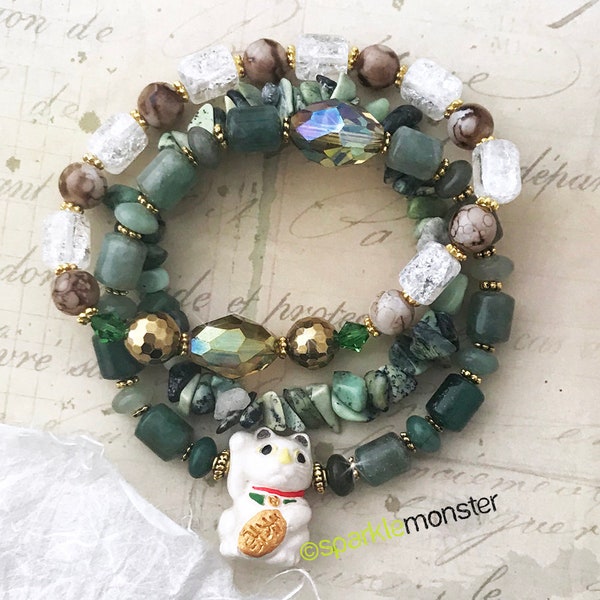 Lucky Cat and Jade bracelet stack - green tones, gold accents, layering bracelet set, maneki neko