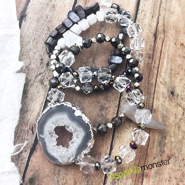 Large Druzy and Lucite bracelet stack - black and gray tones, silver accents, layering beaded bracelet set