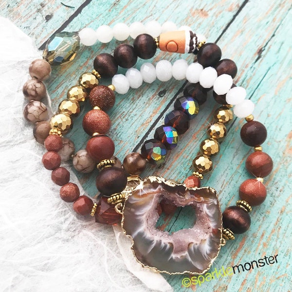 Coffee and Geode Slice bracelet stack - brown tones, gold accents, layering bracelet set, gemstone, wood beads