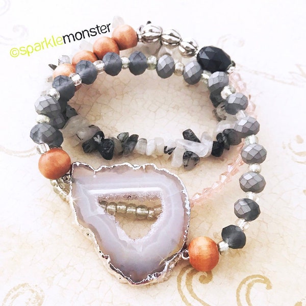 Gray Geode Slice bracelet stack - neutral tones, silver accents, layering bracelet set, gemstone, wood beads