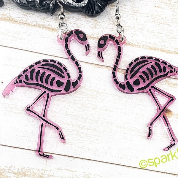 Skeleton Flamingos - laser cut acrylic, clear pink, charms, black bones, tropical, kitsch, tiki, goth babe