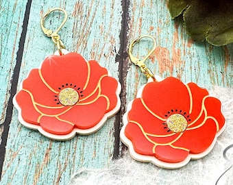 Kolczyki z akrylu California Poppies, akryl cięty laserowo, pomarańczowy, kwiaty
