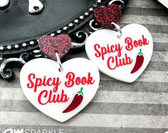 Spicy Book Club Earrings, Red Glitter Heart, Laser Cut Acrylic