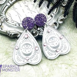 Planchette earrings, laser cut acrylic, silver mirror, spooky, cute, glitter, Ouija