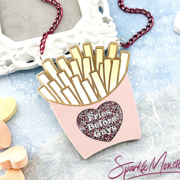 Fries Before Guys, laser cut acrylic necklace, junk food, pastel pink and gold mirror