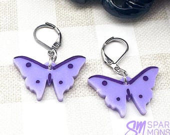 Lavender Acrylic Butterfly Dangle Earrings, Hand-Painted, Stainless Steel Huggies