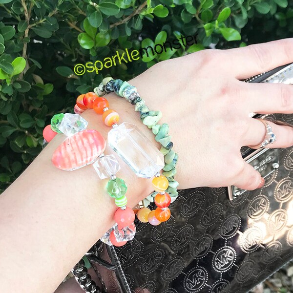 3 SET Sushi Lover bracelet stack - orange and green tones, silver accents, layering bracelet set, shrimp nigiri