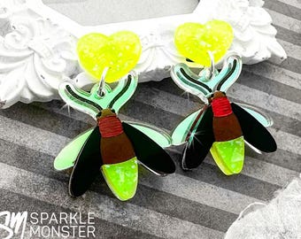 Firefly dangle earrings, laser cut acrylic, neon yellow glitter, camping, outdoors
