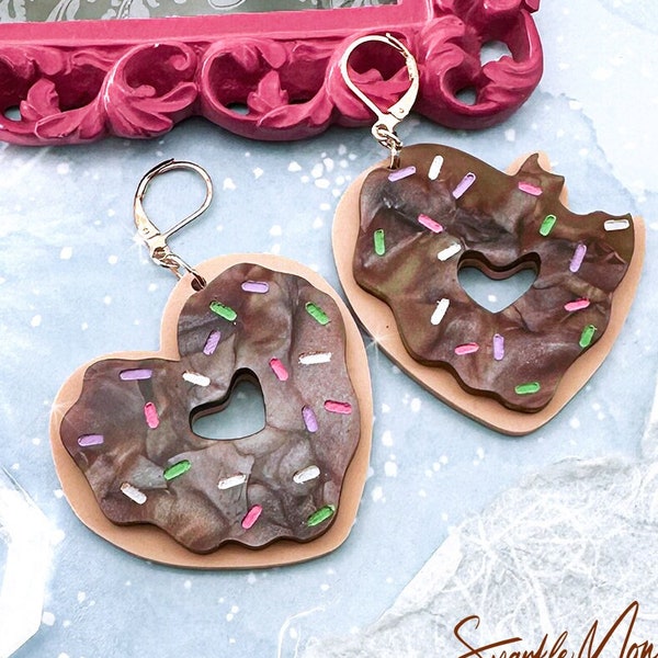 I Love Donuts More Than You, doughnut dangle earrings, laser cut acrylic, sprinkles, carbs, sweets, dessert