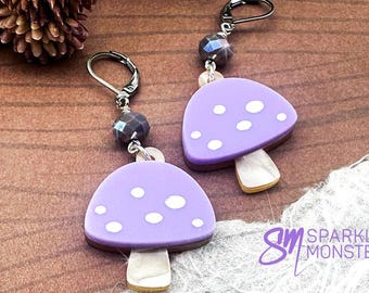 LAST PAIR, Mushroom Dangle Earrings, Laser Cut Acrylic, Purple Crystal, Huggies