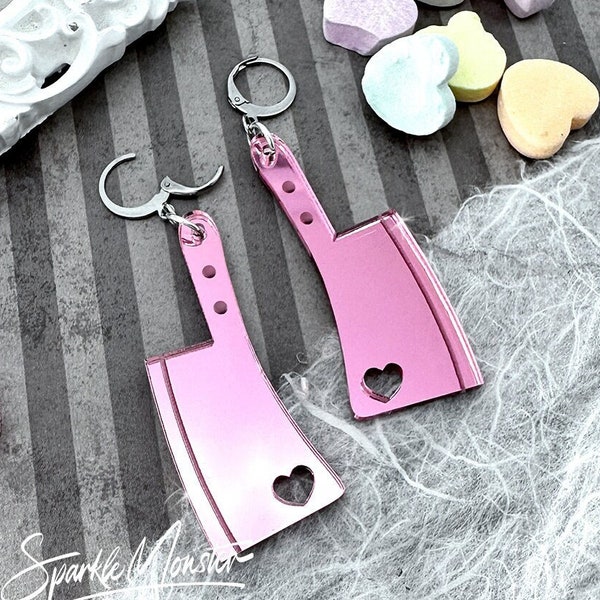 Love Kills, pink mirror laser cut acrylic cleaver earrings, huggies, hinge back, pink mirror, chef, knives