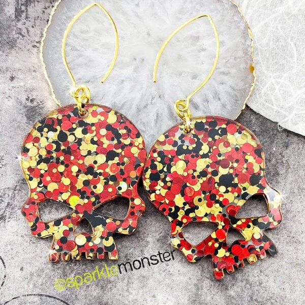 Large Confetti Glitter Skull Earrings - laser cut acrylic, red, black, gold, holographic, dangle, bold, statement earring