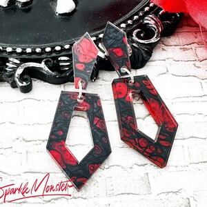 My Bloody Valentine, Everyday Art Deco dangle earrings, red and black, laser cut acrylic, post back, retro