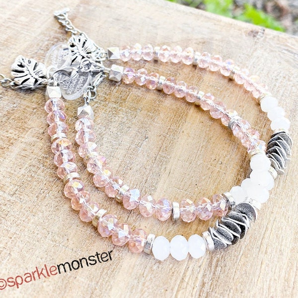 SALE Tropical Peach, adjustable gemstone bracelet, US seller, peach and white crystals, beaded, luxurious, Monstera leaf