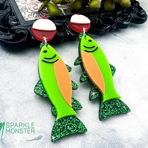 Catch of the Day, fish dangle earrings, laser cut acrylic, green glitter, camping, outdoors
