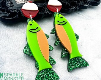 Green Glitter Fish Dangle Earrings, Laser Cut Acrylic, Camping Outdoors Jewelry